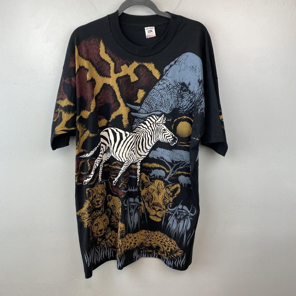 Vintage Africa Safari Shirt Mens 2XL‎ Animal Print Zebra Lion Elephant 90s Art
